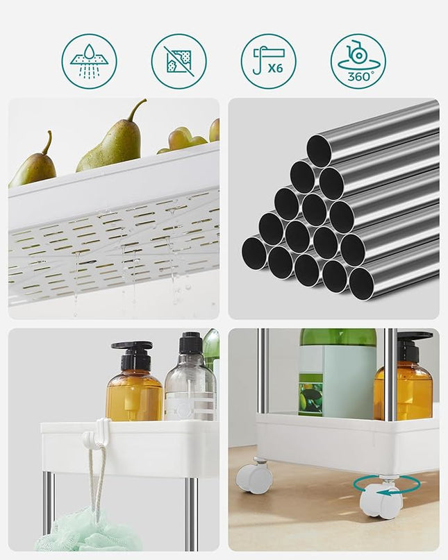 SONGMICS Slim Storage Cart, 4-Tier Rolling Cart, Narrow Utility Cart on Wheels, 6 Hooks, 360° Swivel Wheels, Lockable, Steel Frame, Bathroom, Kitchen, Office, Cloud White UKSC10WT - LeafyLoom