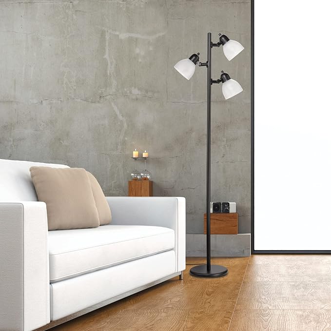 Globe Electric 12719 Life 63" 3-Light Floor Lamp, Matte Plastic, LED Bulbs Included, Black with Frosted Shade - LeafyLoom