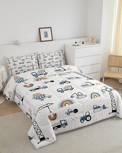 Cute Cars Bedding Set Kids Cartoon Excavator Comforter for Boys Girls Machinery Bulldozer Crane Comforter Set Colorful Rainbow Construction Site Duvet Set Room Decor Quilt Full Size Boys - LeafyLoom