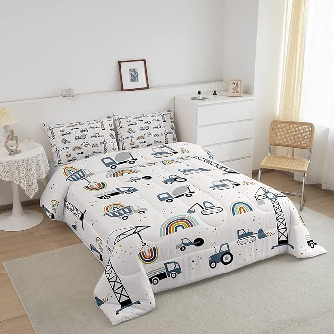 Toddler Cute Cars Bedding Set Cartoon Excavator Kids Comforter Set Boys Construction Vehicles Comforter Equipment Trucks Duvet Set Rainbow Room Decor Tractor Quilt Set Queen Size With 2 Pillow Case - LeafyLoom
