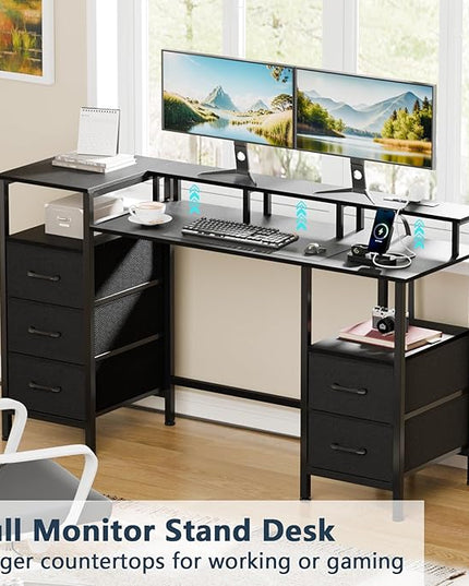 Computer Desk with Power Outlets & LED Lights, Gaming Desk with 5 Fabric Drawers for Bedroom, 47 Inch Home Office Desk with Monitor Stand & Storage Shelves for Working, Black - LeafyLoom