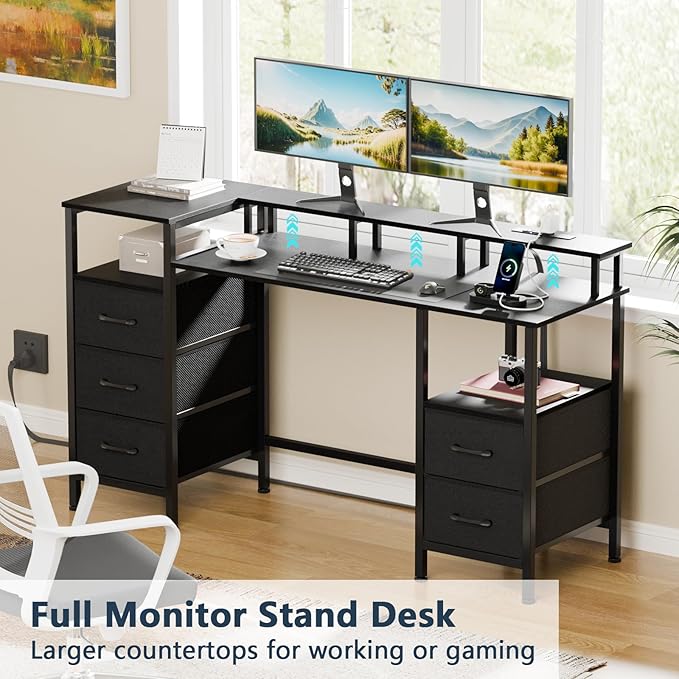 Computer Desk with Power Outlets & LED Lights, Gaming Desk with 5 Fabric Drawers for Bedroom, 47 Inch Home Office Desk with Monitor Stand & Storage Shelves for Working, Black - LeafyLoom