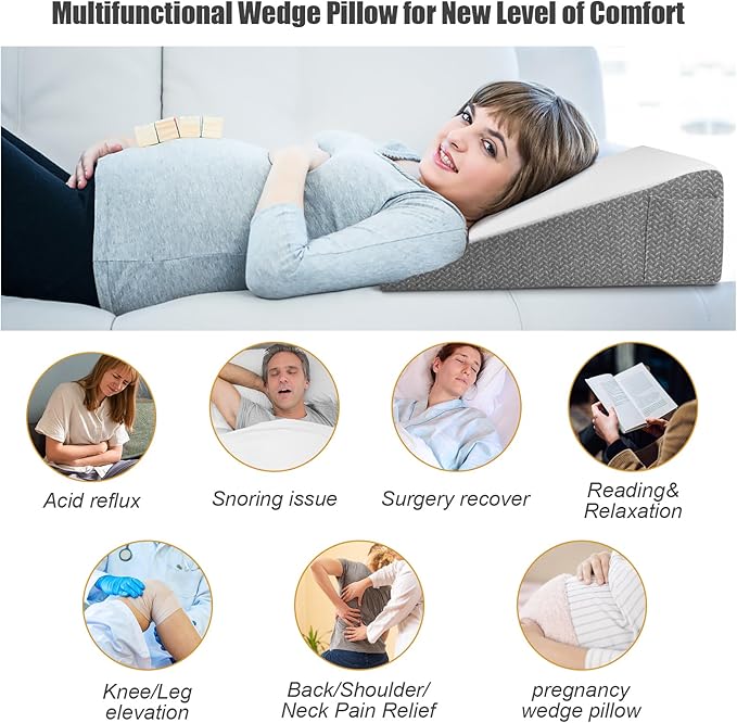 8" Bed Wedge Pillow for Sleeping, Triangle Pillow Memory Foam Top Wedge Pillow for Head, Back, Knee Support Leg Elevation Pillows for Acid Reflux, Reading, with Remover Washable Cover - LeafyLoom