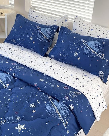 7 Piece Boys Space Comforter Set Twin Size Bed in A Bag Star Rocket Galaxy Universe Planets Bedding Set for Kids Teens Girls Microfiber Blue Quilt All Season - LeafyLoom