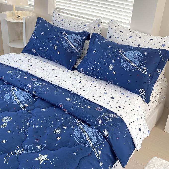 7 Piece Boys Space Comforter Set Twin Size Bed in A Bag Star Rocket Galaxy Universe Planets Bedding Set for Kids Teens Girls Microfiber Blue Quilt All Season - LeafyLoom