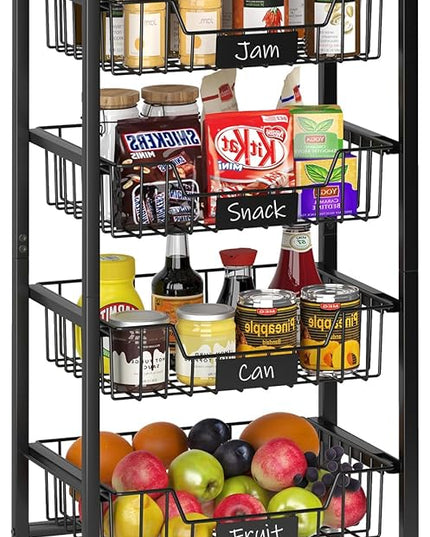 Kitchen Storage Cart with Wheels, 5-Tier Metal Utility Rolling Cart Fruit Vegetable Storage Basket Pantry Rack with Wood Top & Pull Out Baskets for Kitchen, Livingroom, Diningroom, Office - LeafyLoom