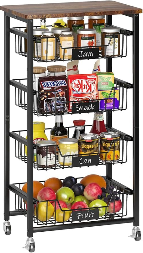 Kitchen Storage Cart with Wheels, 5-Tier Metal Utility Rolling Cart Fruit Vegetable Storage Basket Pantry Rack with Wood Top & Pull Out Baskets for Kitchen, Livingroom, Diningroom, Office - LeafyLoom