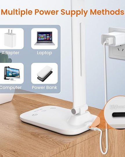 LED Desk Lamp Foldable, 5 Lighting Colors and 100%~15% Brightness Levels Office Lamp, Touch Control and USB Powered Reading Lamp, Eye-Caring Table Lamp for Read,Work,Study,Sew,Makeup,Manicurist - LeafyLoom