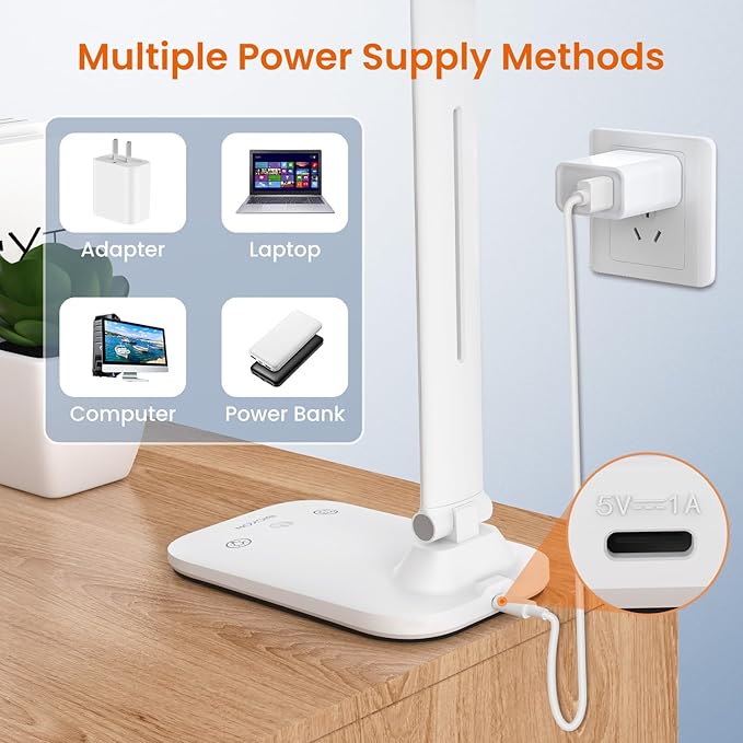 LED Desk Lamp Foldable, 5 Lighting Colors and 100%~15% Brightness Levels Office Lamp, Touch Control and USB Powered Reading Lamp, Eye-Caring Table Lamp for Read,Work,Study,Sew,Makeup,Manicurist - LeafyLoom