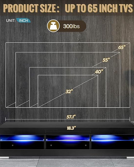 HOMMPA LED TV Stand with LED Lights for 65 inch TV Modern Entertainment Center with Storage 57" Black TV Console with Glass Shelves for Living Room 15" Tall - LeafyLoom