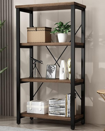 4 Tier Bookshelf, Solid Wood Bookcase Shelf Storage Organizer, Vintage Storage Rack with Open Shelves Rustic Standing Bookshelves for Living Room,Bedroom Rustic Brown(AY01-4tier) - LeafyLoom
