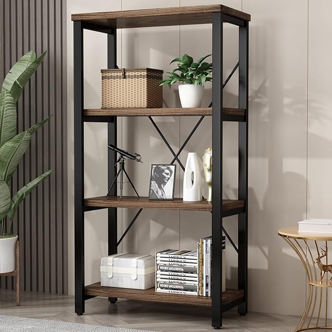 4 Tier Bookshelf, Solid Wood Bookcase Shelf Storage Organizer, Vintage Storage Rack with Open Shelves Rustic Standing Bookshelves for Living Room,Bedroom Rustic Brown(AY01-4tier) - LeafyLoom