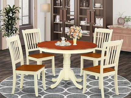 East West Furniture HLDA5-BMK-W 5 Piece Modern Dining Table Set Includes a Round Wooden Table with Pedestal and 4 Dining Room Chairs, 42x42 Inch, Buttermilk & Cherry - LeafyLoom