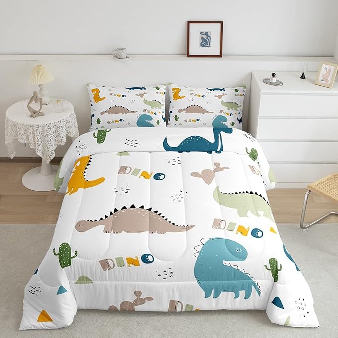Feelyou Cute Dinosaur Comforter Set Cartoon Cactus Bedding Set Decor Jungle Dino Boho Succulent Comforter Wild Animal Pattern Yellow Grey Duvet Set Bedroom Quilt Set 2Pcs Twin - LeafyLoom