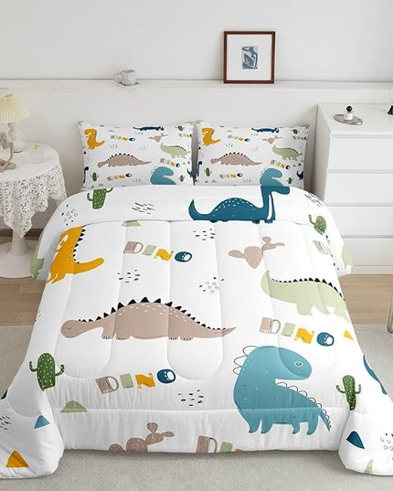 Feelyou Cute Dinosaur Comforter Set Cartoon Cactus Bedding Set Decor Jungle Dino Boho Succulent Comforter Wild Animal Pattern Yellow Grey Duvet Set Bedroom Quilt Set 3Pcs Full - LeafyLoom