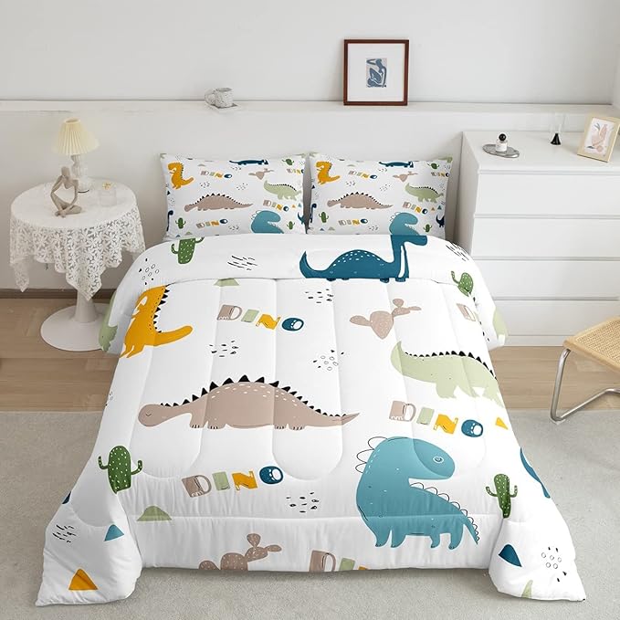 Feelyou Cute Dinosaur Comforter Set Cartoon Cactus Bedding Set Decor Jungle Dino Boho Succulent Comforter Wild Animal Pattern Yellow Grey Duvet Set Bedroom Quilt Set 3Pcs Full - LeafyLoom