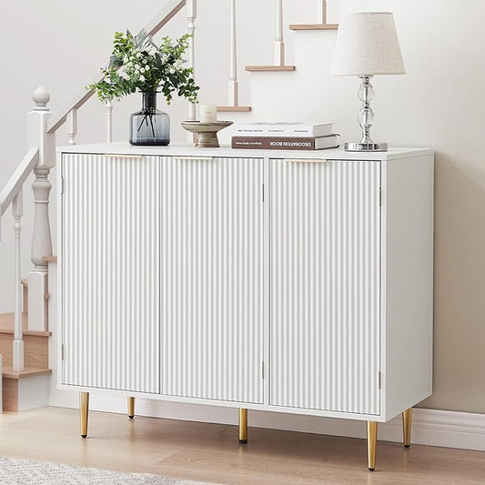 Storage Cabinet, Modern Accent Buffet Cabinet, FreeStanding Sideboard and Buffet Storage Adjustable Shelves with 3 Doors for Bedroom, Living Room, Kitchen or Hallway,White - LeafyLoom