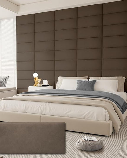 King Headboard, Wall Mounted Peel and Stick Headboard, Upholstered Leather Bed Headboard for King Size Bed, Floating Dorm Bedroom Tall Headboard Soundproof Wall Panels (12 Panels, 10"x24") - LeafyLoom