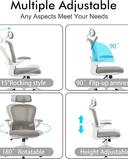Ergonomic Office Chairs with Adjustable Lumbar Support,Mesh Desk Chair with Adjustable Arms and Wheels,Computer Desk Chair for Home Office Essentials（Headrests,White） - LeafyLoom
