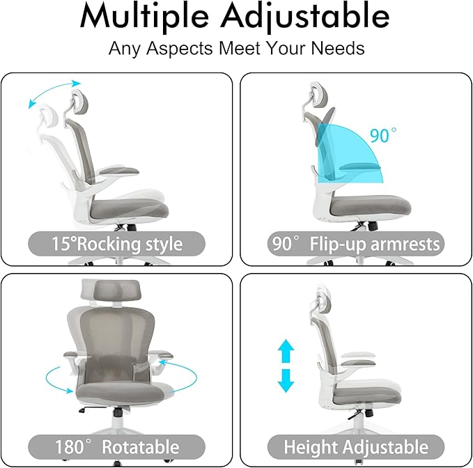 Ergonomic Office Chairs with Adjustable Lumbar Support,Mesh Desk Chair with Adjustable Arms and Wheels,Computer Desk Chair for Home Office Essentials（Headrests,White） - LeafyLoom