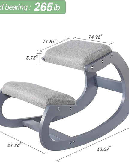Ergonomic Kneeling Chair for Upright Posture - Rocking Chair Knee Stool for Home, Office & Meditation - Wood & Linen Cushion - Relieving Back and Neck Pain & Improving Posture (Grey) - LeafyLoom