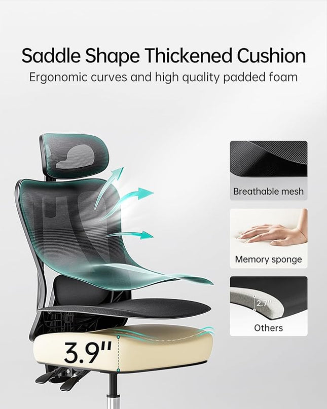 Hbada P3 Ergonnomic Office Chair with 2D Adjustable Lumbar Support, Office Chair with Adjustable Headrest and Armrest, 145° Stepless Tilt Function, Thick Seat Cushion, Black(No Footrest) - LeafyLoom