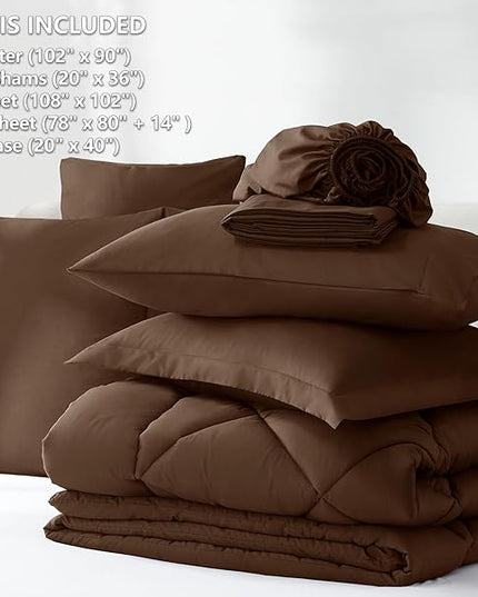 CozyLux King Comforter Set with Sheets 7 Pieces Bed in a Bag Brown All Season Bedding Sets with Comforter, Pillow Shams, Flat Sheet, Fitted Sheet and Pillowcases - LeafyLoom