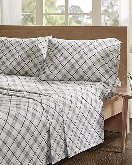 Comfort Spaces Cotton Flannel Breathable Warm Deep Pocket Sheets with Pillow Case Bedding, King, Grey Plaid 4 Piece - LeafyLoom