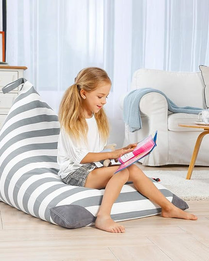 Aubliss Stuffed Animal Storage Bean Bag Chairs Cover, 50"x 35" Extra Large Bean Bags Chair for Kids Adults, Beanbag Toy Storage for Boys Girls - Premium Cotton Canvas Grey Stripe - LeafyLoom