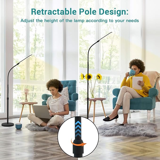 NXONE Led Floor Lamp,Modern Reading Adjustable Standing Height 4 Colors and Stepless Brightness Work Lamp for Living Room Bedroom Reading, Black - LeafyLoom