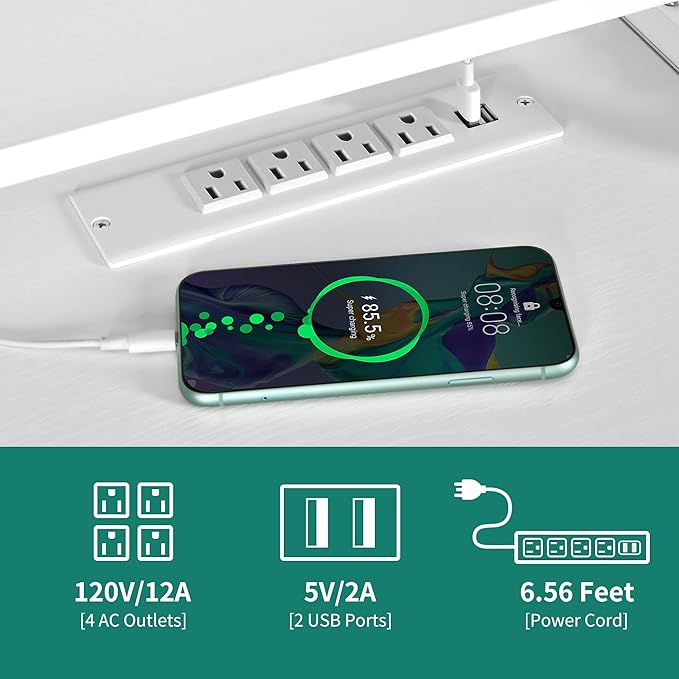 DWVO Computer Desk with Drawers & Hutch, 59.1" Office Desk with Power Outlets & LED Lights, Home Office Desk with Storage Shelves, White - LeafyLoom