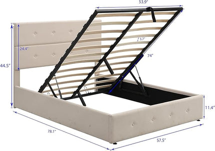 Upholstered Full Size Bed Gas Lift Up Storage Platform Bed Frame with Tufted Headboard Wooden Slat Support & Under Bed Storage, No Box Spring Needed - LeafyLoom