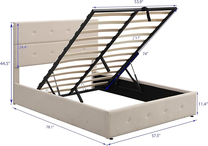 Upholstered Full Size Bed Gas Lift Up Storage Platform Bed Frame with Tufted Headboard Wooden Slat Support & Under Bed Storage, No Box Spring Needed - LeafyLoom