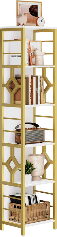 YITAHOME Narrow Bookshelf, 5-Tier White and Gold Book Shelf Storage Rack, Display Shelves Stand Etagere for Small Spaces, Open Bookcase for Bedroom Living Room Bathroom Kitchen, Gold - LeafyLoom