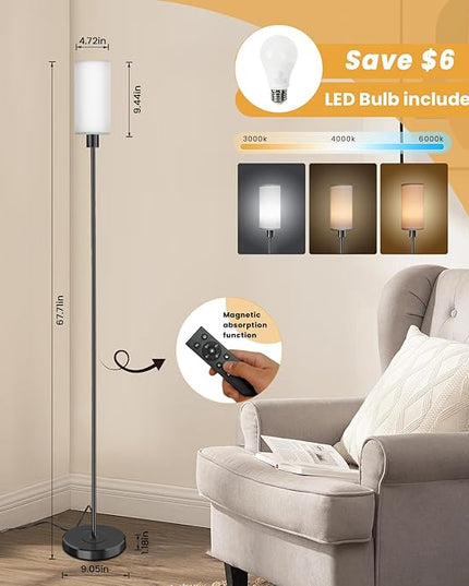 Floor Lamp for Living Room with 3 Color Temperature LED Bulb, Modern Standing Lamp with Remote Control, 68" Tall Pole Floor Lamp for Office, Bedroom, Reading (Bulb Included) - LeafyLoom