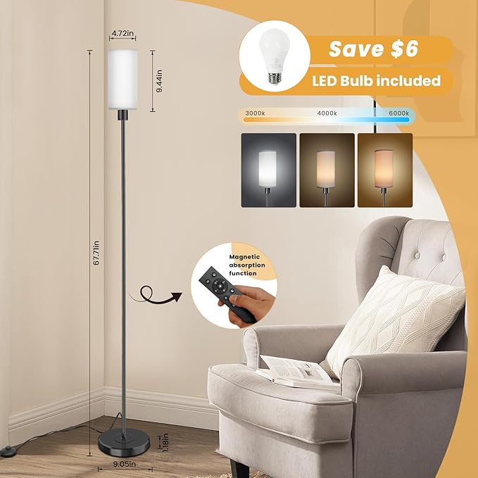 Floor Lamp for Living Room with 3 Color Temperature LED Bulb, Modern Standing Lamp with Remote Control, 68" Tall Pole Floor Lamp for Office, Bedroom, Reading (Bulb Included) - LeafyLoom