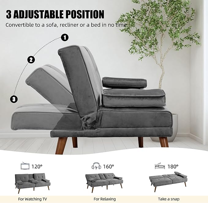 Shintenchi Futon Sofa Bed, Convertible Couch Bed Loveseat, Modern Futon Recliner Sleeper, Small Lazy Futon Set for Living Room, Office, Apartment, Light Gray - LeafyLoom