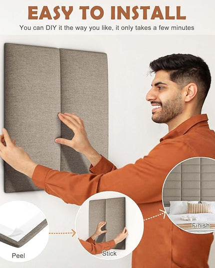 Upholstered Wall Mounted Headboard, 3D Soundproof Wall Panels Peel and Stick Headboard for Queen Size, Reusable and Removable Tufted Bed Headboard in Linen(9 Panels, 10" x 24") - LeafyLoom