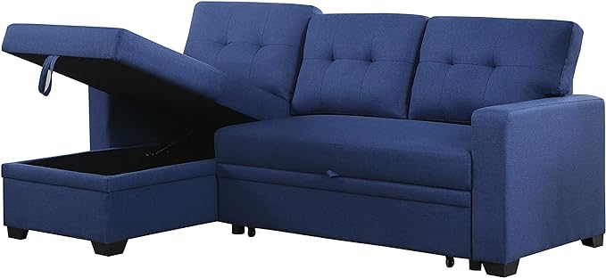 L Shaped Pull Out Sectional Sofa with Storage Chaise, 82 Inch Linen Upholstered Reversible Couch Sleeper Bed, for Living Room, Apartment and Office, 82, Blue-1 - LeafyLoom