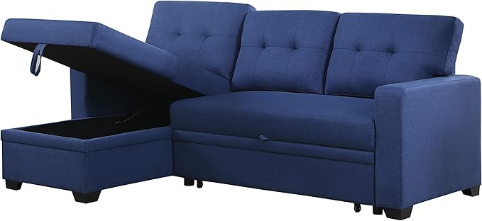 L Shaped Convertible Sofa, 82 Inch Sectional Couch Chaise, Linen Reversible Upholstered Pull Out Bed, Storage Space for Living Room, Apartment and Office, Blue, 82inch - LeafyLoom