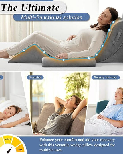 Axelrod 4PCS Orthopedic Bed Wedge Pillow Set, Post Surgery Foam for Back, Neck and Leg Pain Relief Comfortable & Adjustable Ortho Pillows- Anti Snoring, Heartburn, Acid Reflux & GERD Sleeping Grey - LeafyLoom