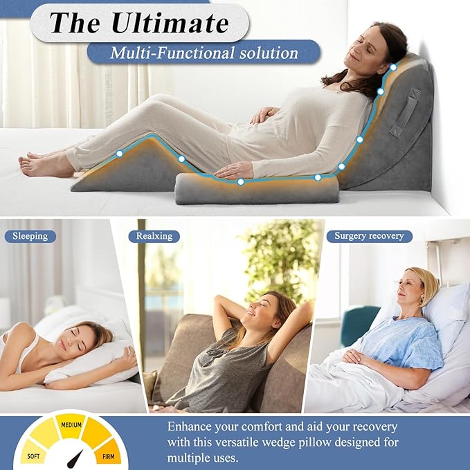 Axelrod 4PCS Orthopedic Bed Wedge Pillow Set, Post Surgery Foam for Back, Neck and Leg Pain Relief Comfortable & Adjustable Ortho Pillows- Anti Snoring, Heartburn, Acid Reflux & GERD Sleeping Grey - LeafyLoom