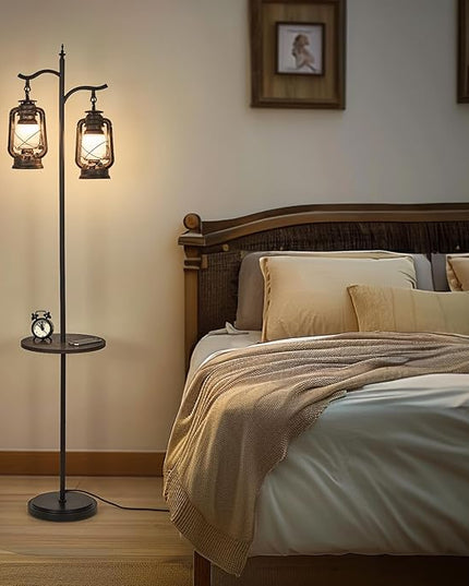 Farmhouse floor lamp with table, Double head vintage floor lantern, Standing lamp for living room，bedroom, Rustic Floor Lamp with Black Brown Finish - LeafyLoom