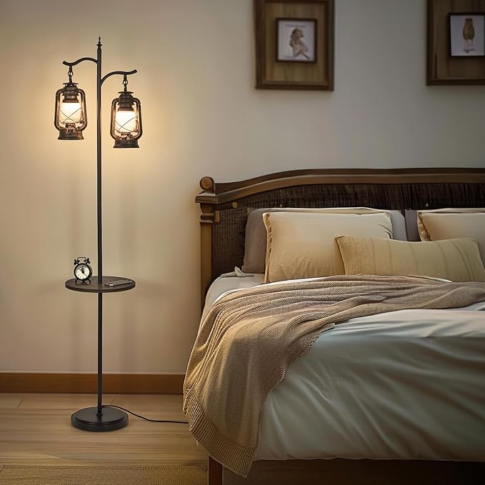 Farmhouse floor lamp with table, Double head vintage floor lantern, Standing lamp for living room，bedroom, Rustic Floor Lamp with Black Brown Finish - LeafyLoom