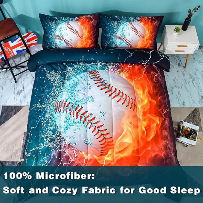 Andency Baseball Comforter Set Queen(90x90 Inch), 3 Pieces(1 Baseball Comforter, 2 Pillowcases) Sport Microfiber Comforter Set Bedding Set for Kids Boys Teens - LeafyLoom