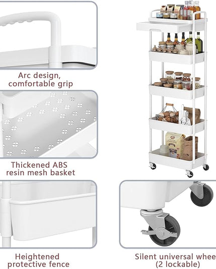 5-Tier Rolling Utility Cart，Trolley with Drawer, Multifunctional Storage Organizer with Plastic Shelf & Metal Wheels, Storage Cart for Living Room, Kitchen, Office, Bathroom, White - LeafyLoom