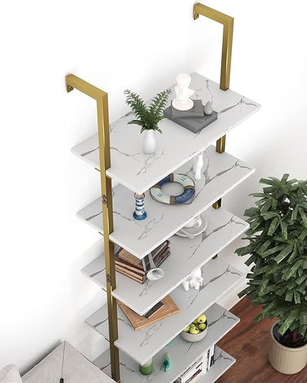 Ladder Shelf 6 Tiers Marble White Modern Bookshelf Open Tall Wall Mount Bookcase Standing Leaning Wall Shelves Industrial Decorative Living Room Bed Room - LeafyLoom