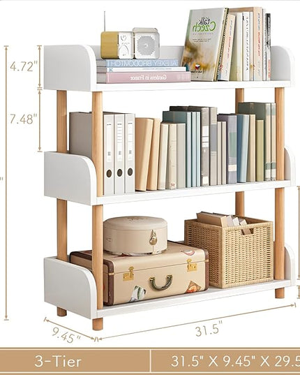 3-Tier Wooden Open Bookcase - Modern Display Bookshelf with Top Edge and Solid Wood Frame for Home and Office, Storage Cabinet, Warm White - LeafyLoom