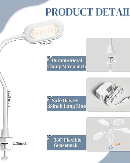 LED Desk Clamp Lamp, Eye Care Table Light Bright Enough for 700 Lumen, 10W Dimmable & 3 Color Modes, Flexible Gooseneck Touch Desk Lights for Home/Office/Reading/Work (White) - LeafyLoom