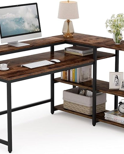 Reversible L Shaped Computer Desk with Storage Shelf, Industrial Corner Desk with Monitor Stand for Home Office - LeafyLoom